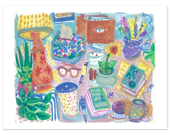 Still Life in the Home Office watercolor art print