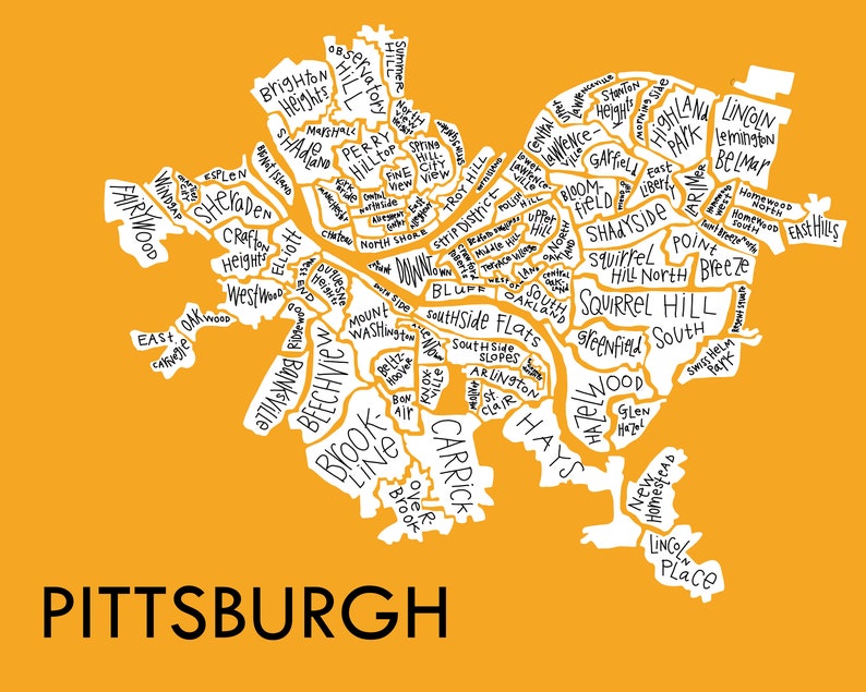 Pittsburgh City Neighborhood Map Hand-drawn Print - Etsy