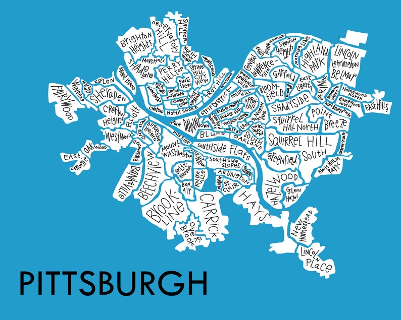 Pittsburgh City Neighborhood Map Hand-drawn Print - Etsy
