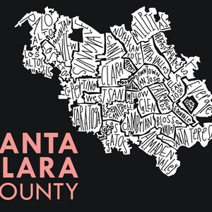 Santa Clara County Silicon Valley Hand-Drawn Map Print bg-dark map-white