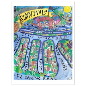 Poster con mappa di Sunnyvale disegnato a mano con penna e guazzo