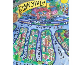 Sunnyvale Map Hand-Drawn Pen & Gouache Poster