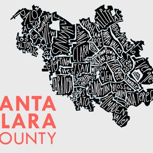 Santa Clara County Silicon Valley Hand-Drawn Map Print bg-lgray text-red