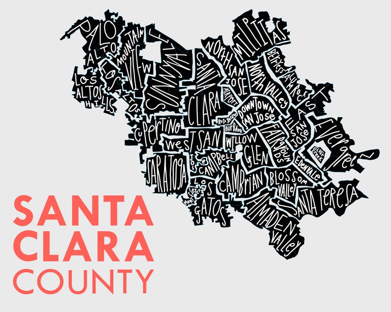 Santa Clara County Silicon Valley Hand-Drawn Map Print bg-lgray text-red