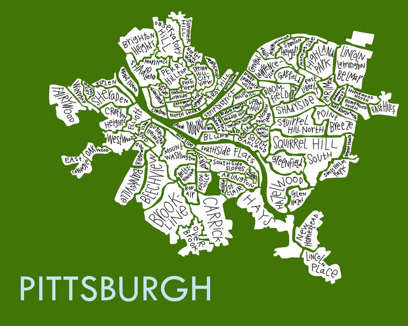 Pittsburgh City Neighborhood Map Handdrawn Print Etsy