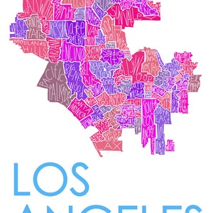 Los Angeles City Neighborhood Map Hand-Drawn Print BG-White Map-Pinks