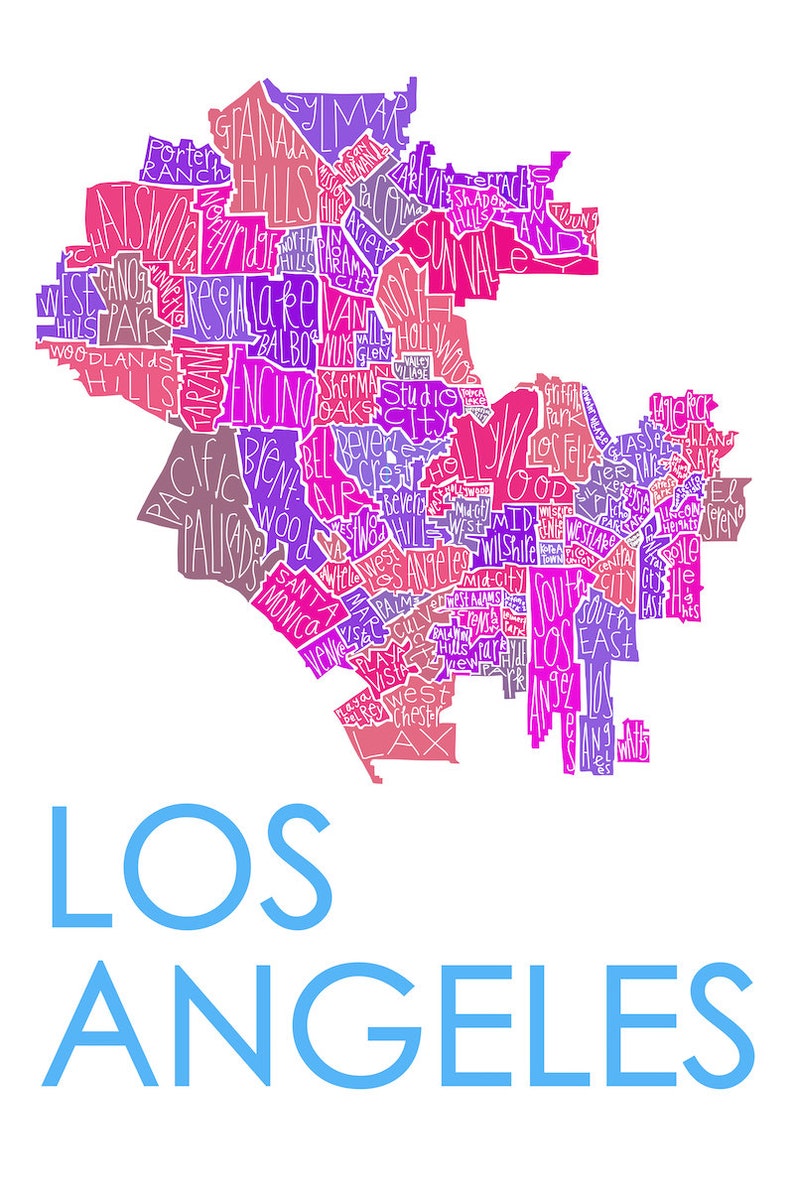 Los Angeles City Neighborhood Map Hand-Drawn Print BG-White Map-Pinks