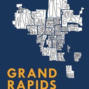 Grand Rapids City Neighborhood Hand-Drawn Map Print bg-navy text-gold