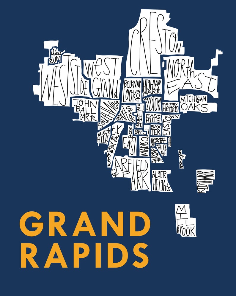 Grand Rapids City Neighborhood Hand-Drawn Map Print bg-navy text-gold