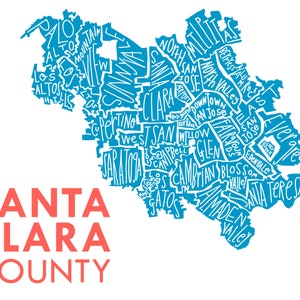 Santa Clara County Silicon Valley Hand-Drawn Map Print bg-white text-red