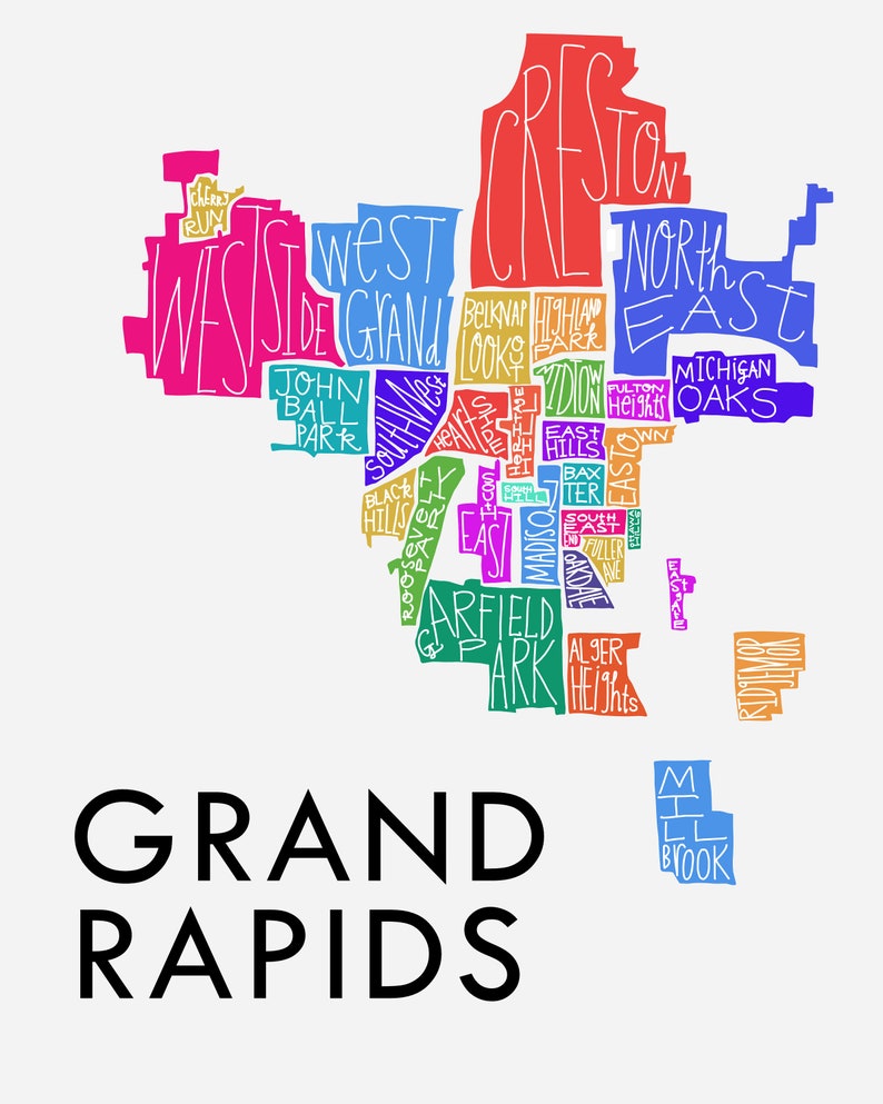 Grand Rapids City Neighborhood Hand-Drawn Map Print bg-white multi
