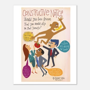 Puede incluir: Ilustración humorística "Constructive Notice" muestra a una persona resbalando sobre un tomate, rodeada de figuras en traje. Burbujas de texto con frases como "¿Hay arena alrededor del tomate?" y "¡Este tomate está recién recogido!"