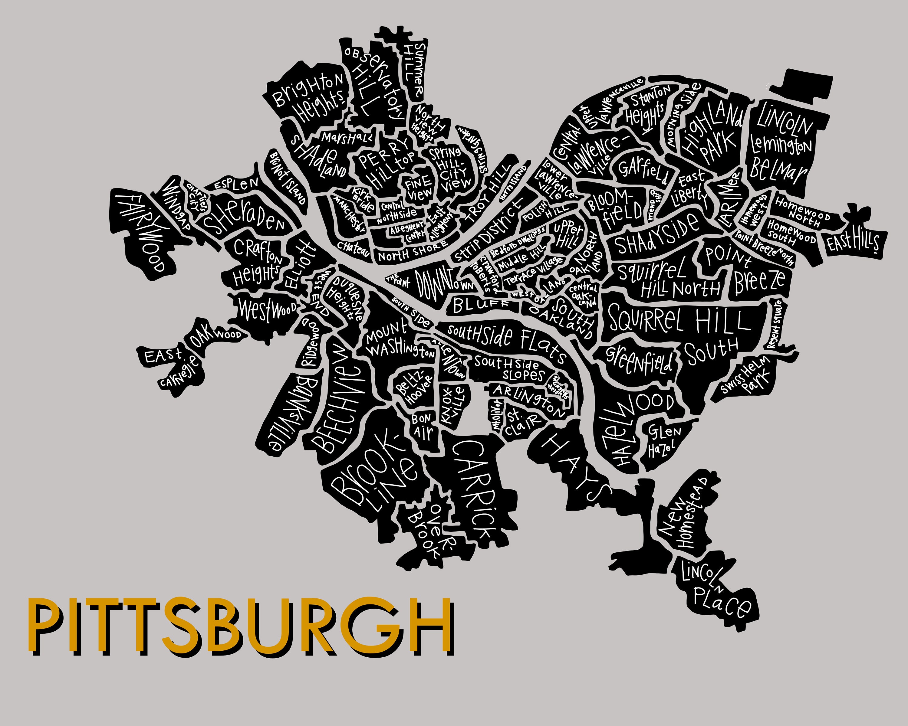 City Of Pittsburgh Neighborhood Map Pittsburgh City Neighborhood Map Hand-Drawn Print | Etsy