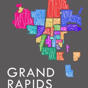 Grand Rapids City Neighborhood Hand-Drawn Map Print bg-dgray multi