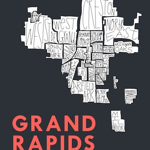 Grand Rapids City Neighborhood Hand-Drawn Map Print bg-dgray text-red