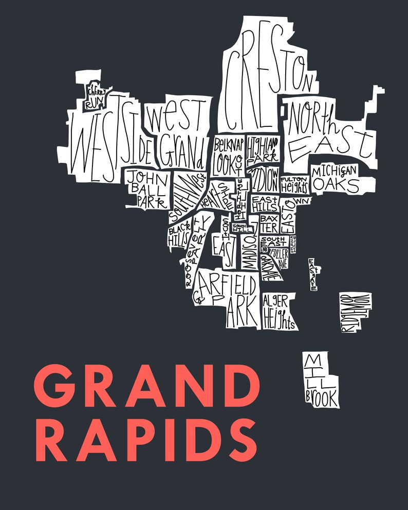 Grand Rapids City Neighborhood Hand-Drawn Map Print bg-dgray text-red