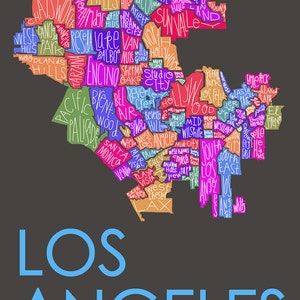 Los Angeles City Neighborhood Map Hand-Drawn Print BG-Dark Map-Multi