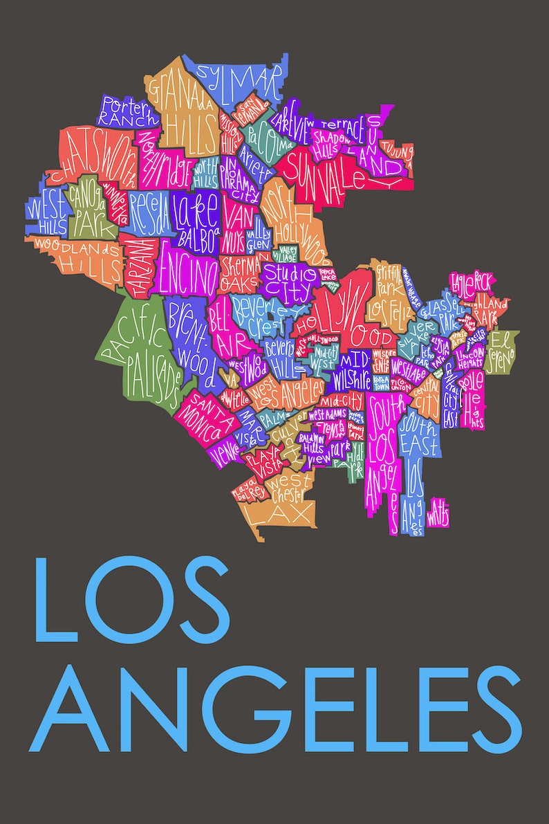 Los Angeles City Neighborhood Map Hand-Drawn Print BG-Dark Map-Multi