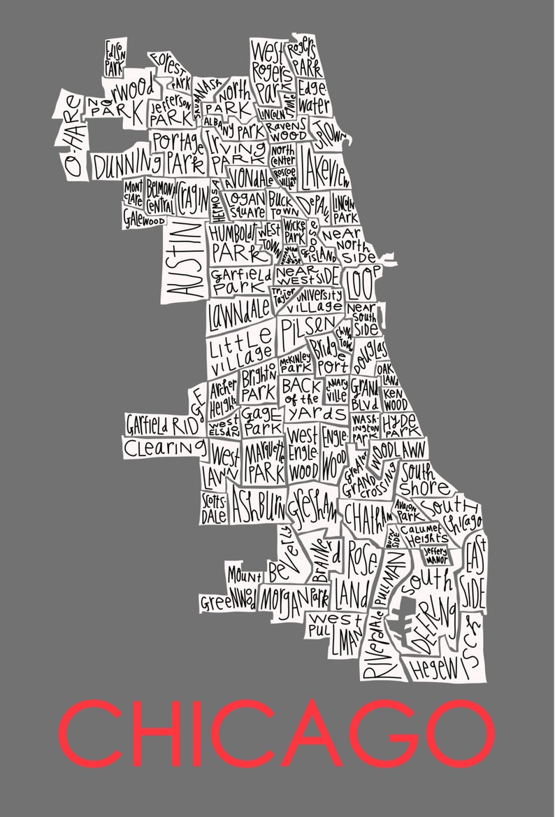 Chicago City Neighborhood Hand-drawn Map Print - Etsy