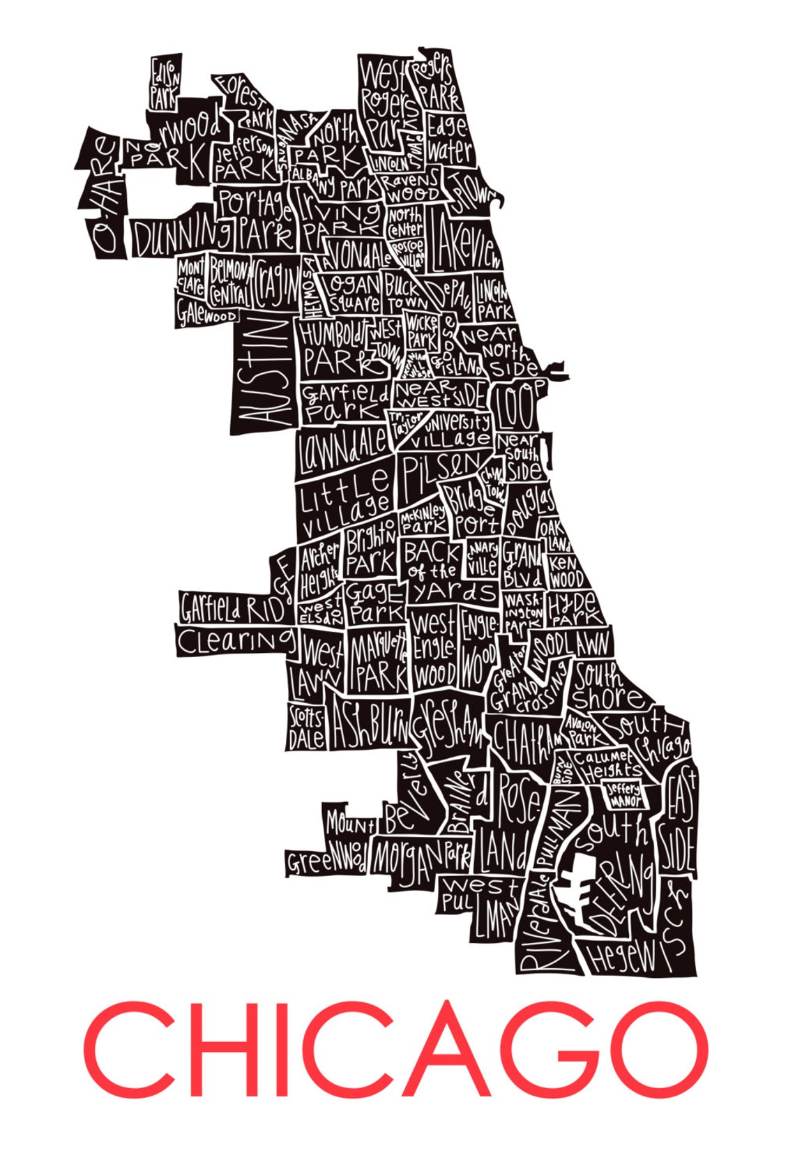 Chicago City Neighborhood Hand-drawn Map Print - Etsy