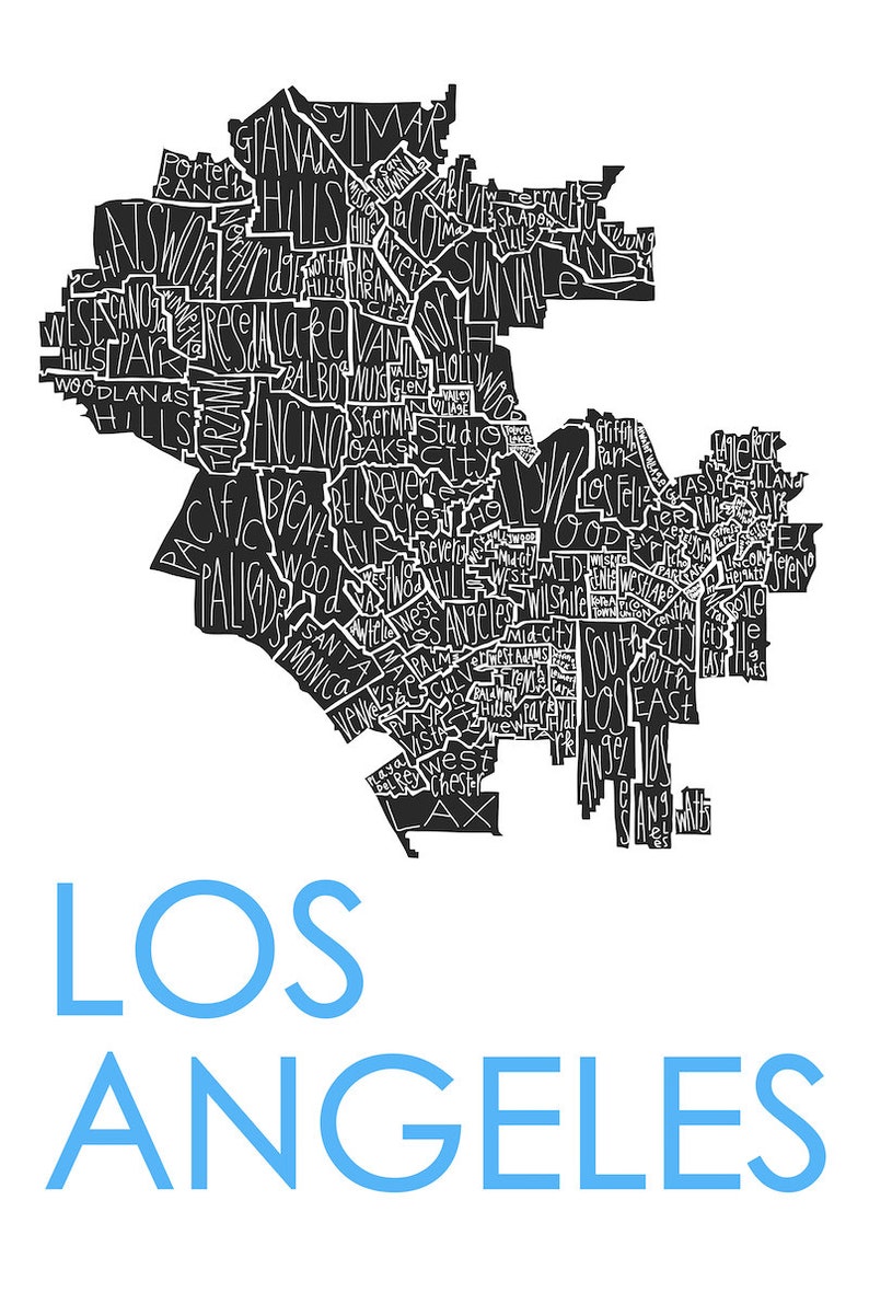 Los Angeles City Neighborhood Map Hand-Drawn Print BG-White Map-Black