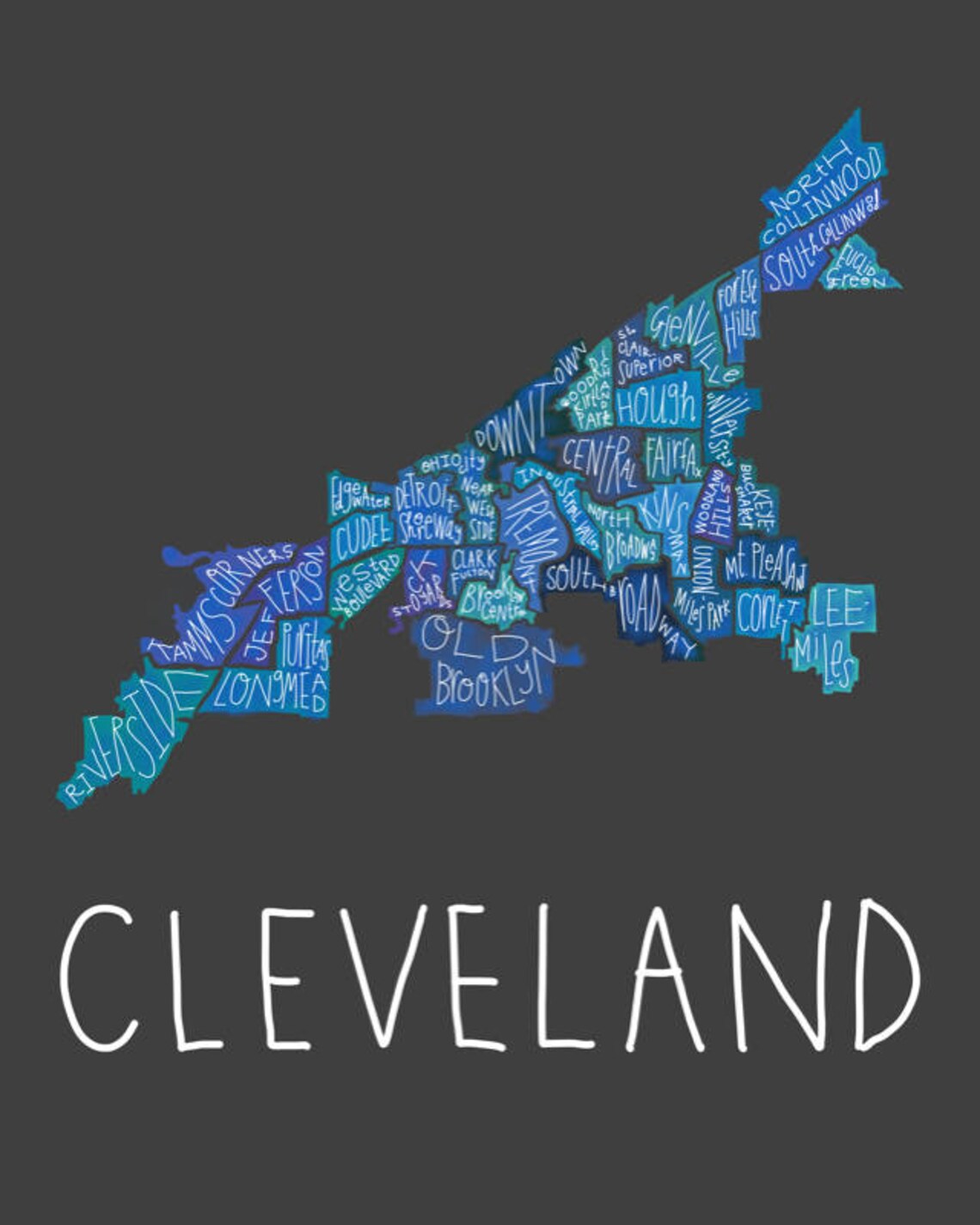 Cleveland Neighborhood Map Handdrawn Print Etsy