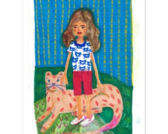 Cat Girl with a Wild Cat art print