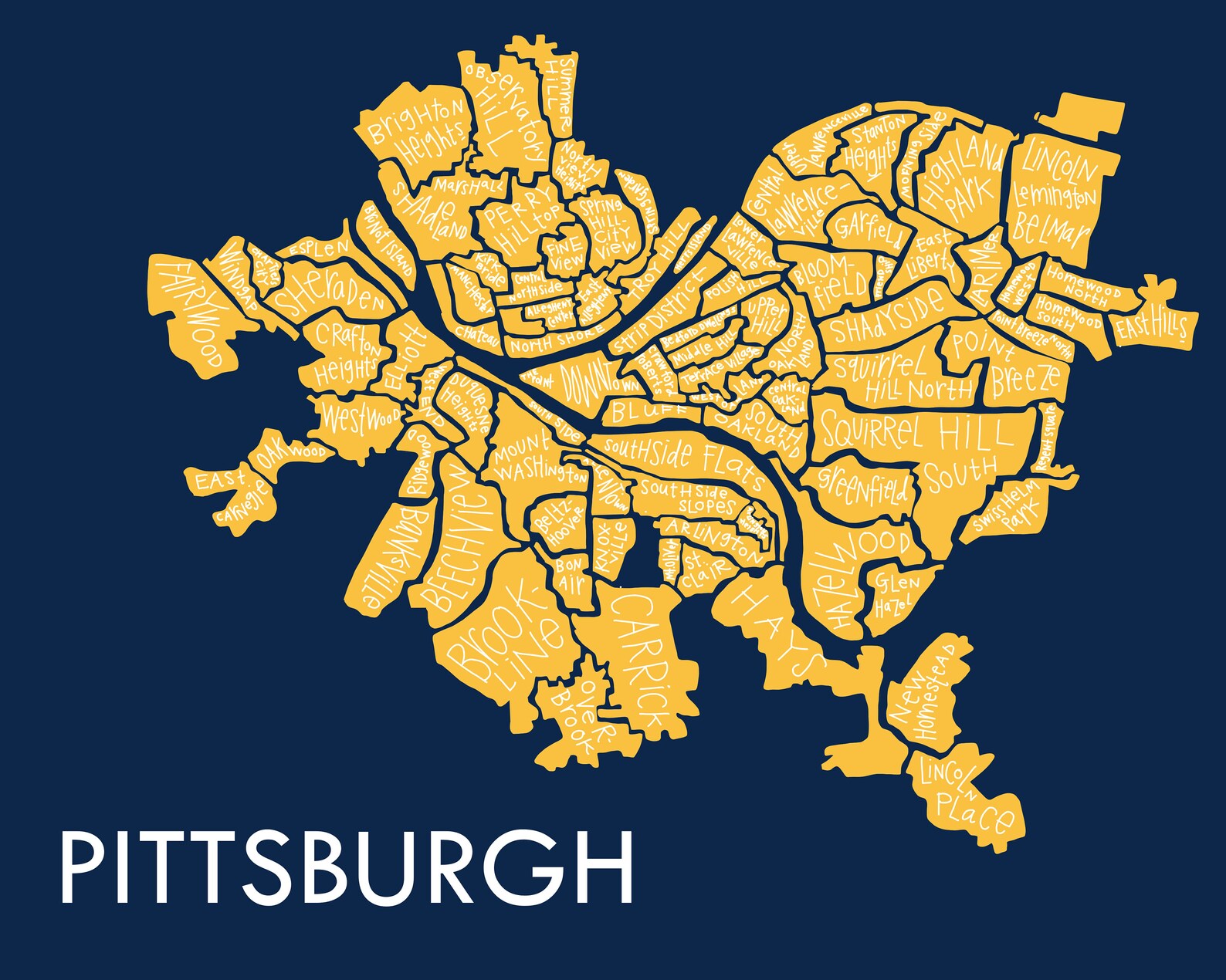 Pittsburgh City Neighborhood Map Hand-drawn Print - Etsy