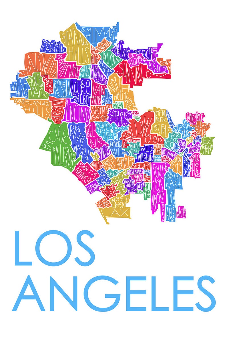 Los Angeles City Neighborhood Map Hand-Drawn Print BG-White Map-Multi