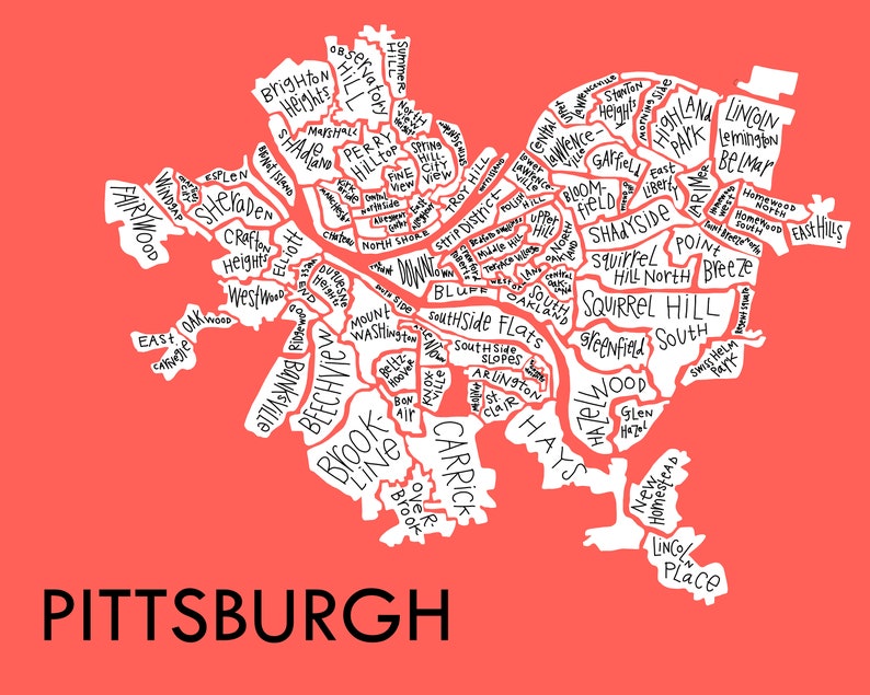 Pittsburgh City Neighborhood Map Hand-drawn Print image 6