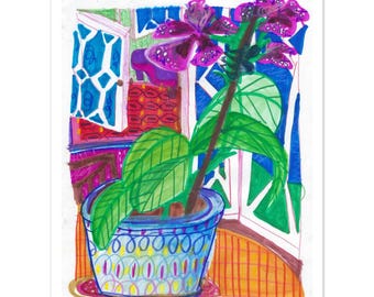 Orchid in the Music Room - art print of ink + pencil + watercolor