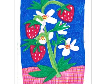 Strawberries & Blossoms on Gingham – Mixed Media Art Print