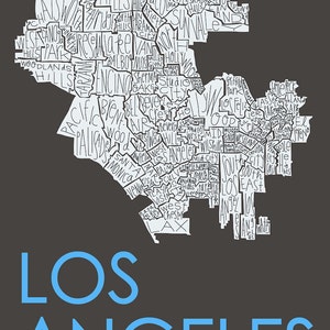 Los Angeles City Neighborhood Map Hand-Drawn Print BG-DGray Map-White