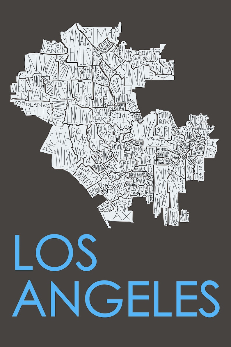 Los Angeles City Neighborhood Map Hand-Drawn Print BG-DGray Map-White