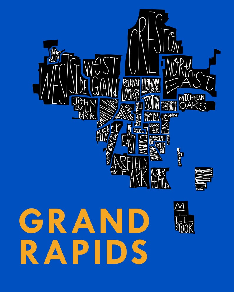 Grand Rapids City Neighborhood Hand-Drawn Map Print bg-blue text-gold