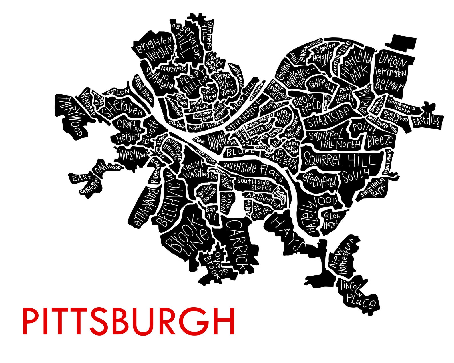 Pittsburgh City Neighborhood Map Hand-drawn Print - Etsy