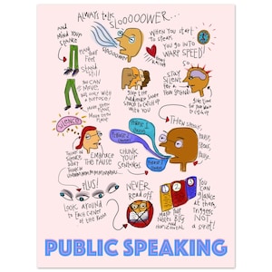 May include: A poster with hand-drawn illustrations and text offering public speaking tips. The design features speech bubbles, stick figures, and phrases such as "Mind Your Stance" and "Never Read Off." The words "Public Speaking" are at the bottom.