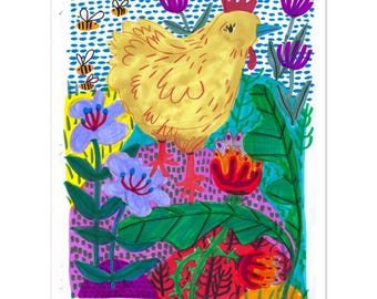 Chicken in the Garden hand-drawn print