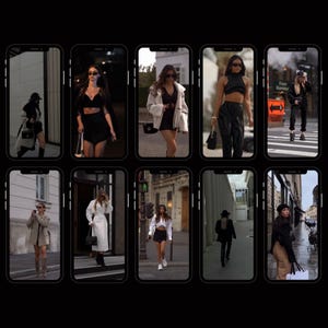 May include: A collection of ten smartphone screens displaying various fashion outfits. The outfits include black dresses, skirts, and pants, paired with jackets, sunglasses, and handbags. The images are set against urban backgrounds.