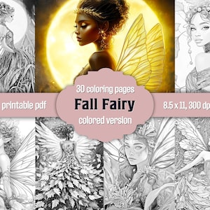 30 Fall Fairies Coloring Pages, Autumn Fairy Grayscale Coloring Book For Adults, Printable PDF + Colored JPG Version, Fantasy Harvest Bundle