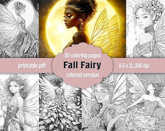 30 Fall Fairies Coloring Pages, Autumn Fairy Grayscale Coloring Book For Adults, Printable PDF + Colored JPG Version, Fantasy Harvest Bundle