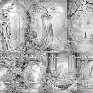May include: Black and white fantasy art print featuring various forest scenes. Includes images of a figure with antlers, a path with a figure in a cloak, and a bell. The text "Template Shaker Coloring" is present.
