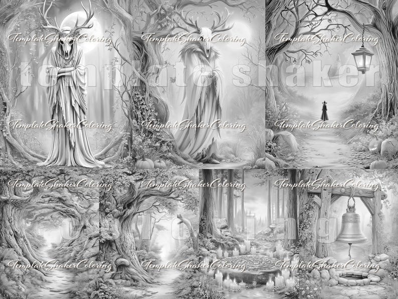 May include: Black and white fantasy art print featuring various forest scenes. Includes images of a figure with antlers, a path with a figure in a cloak, and a bell. The text "Template Shaker Coloring" is present.