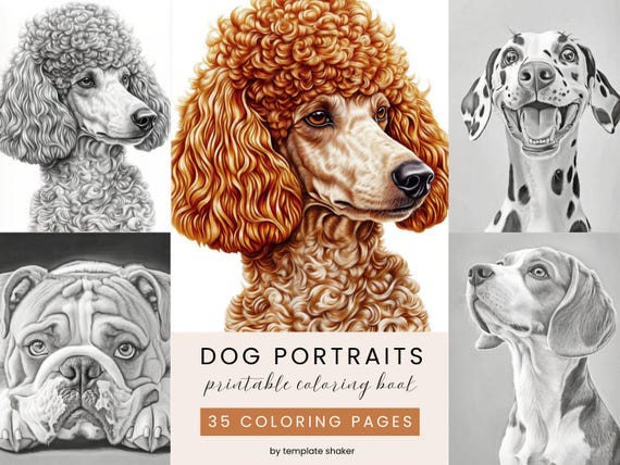 Dog Breeds Portraits: Coloring Book For Adults, 35 Grayscale Pages, Printable PDF + Colored Version