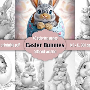 Cute Easter Bunnies & Eggs, Grayscale Coloring Pages Book For Adults, Fun Spring Coloring, Printable PDF, Colored Version, Instant Download