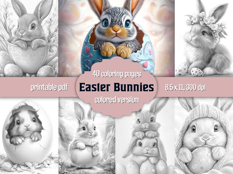 Easter Bunnies Coloring Book: Grayscale Pages, Printable PDF, Instant Download, Colored Version Included image 1