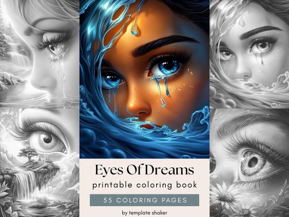 Surreal Eyes Coloring Book: Grayscale Fantasy Pages for Adults, Printable PDF, Colored Version Included