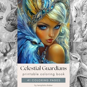 Puede incluir: Un libro para colorear imprimible titulado Celestial Guardians con 41 páginas. La portada muestra una ilustración central a color de una persona con ojos azules y un pájaro azul, rodeada por cuatro escenas de fantasía en escala de grises.