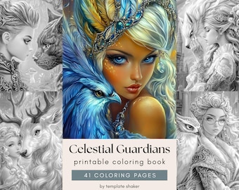 Fantasy Grayscale Adult Coloring Book: Women and Beasts, 41 Pages, Printable PDF + Colored Version
