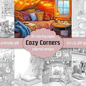 Libro para colorear "Casa acogedora": Páginas en escala de grises, escenas interiores relajantes, descarga en PDF, versión en color incluida